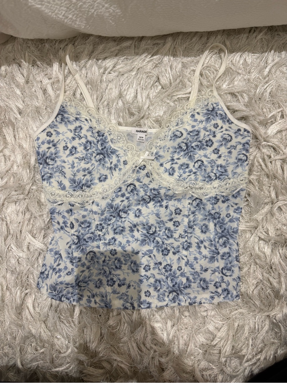 Garage Cream and Blue Floral Lace-Trim Cami Top